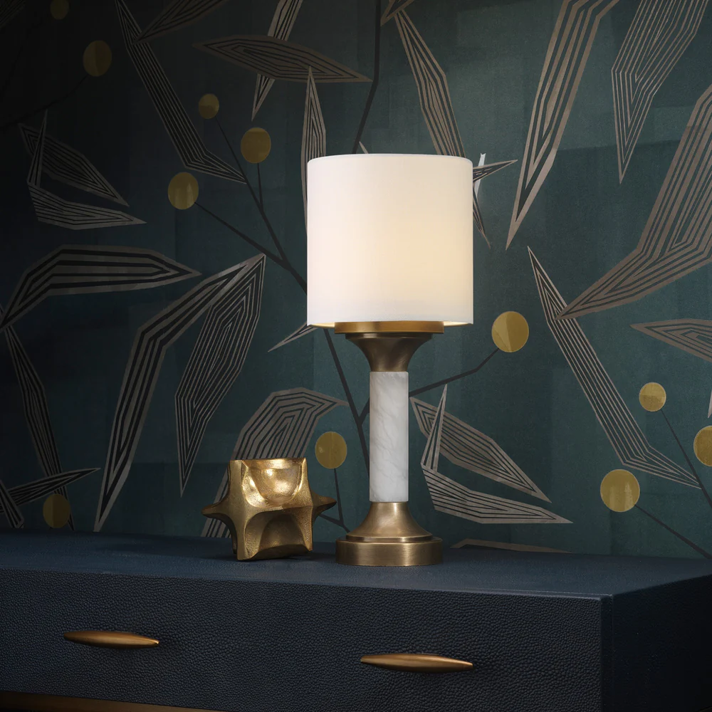Northern Light - Athens Rechargeable Table Lamp - Old English Brass Light Finish - 7" Rolled Edge Drum with diffuser Snowdrift Shade