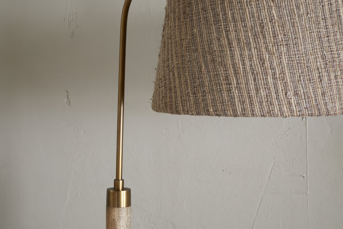 Nkuku - Kera Wood & Metal Floor Lamp - Antique Brass & Natural