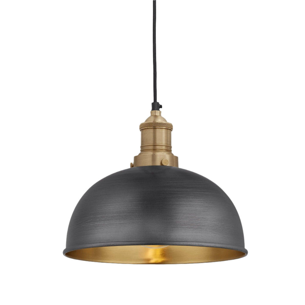 Industville - Brooklyn Dome Pendant Light - 8 Inch - Pewter & Brass Shade - Brass Pendant Holder