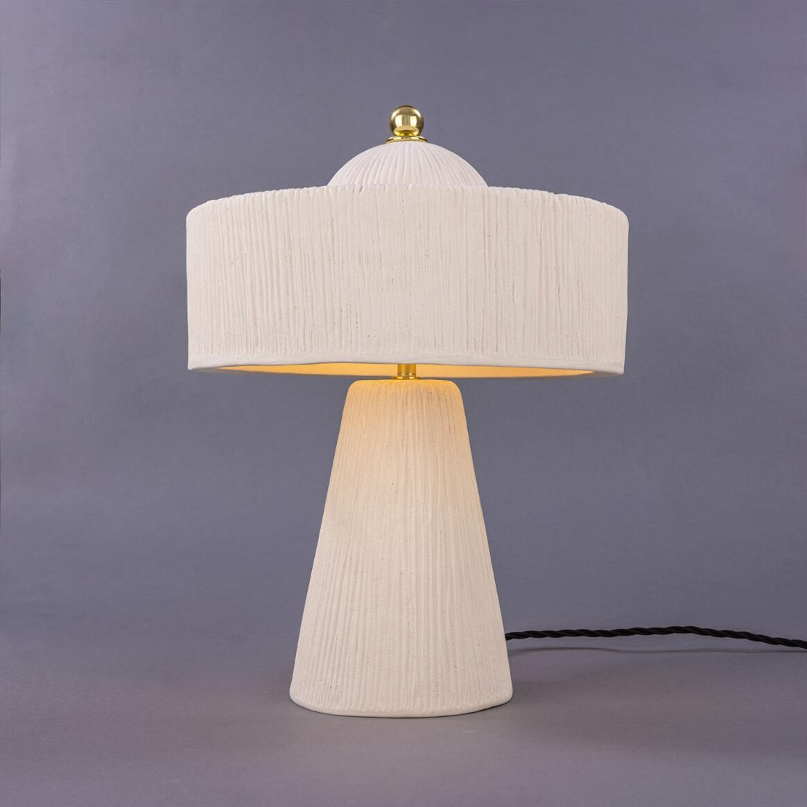 Mullan Seville Ceramic Mid-Century Modern Table Lamp Matte White Striped - Polished Brass Finish