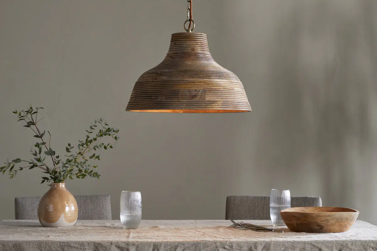 Nkuku - Nadi Grooved Wood Pendant - Natural & Antique Brass