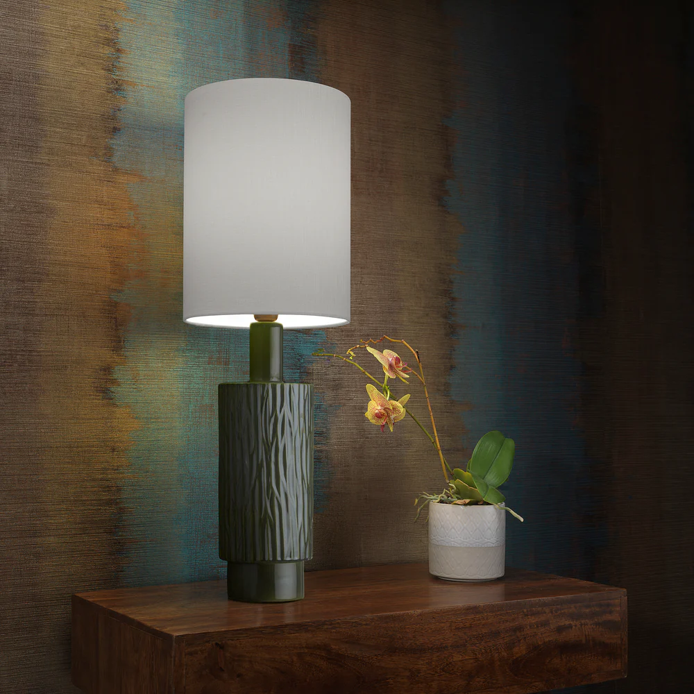 Northern Light - Halsa Table Lamp - Forest Green Reactive Glaze Old English Brass Light Finish - 10" Metro Drum Pearl Grey Shade