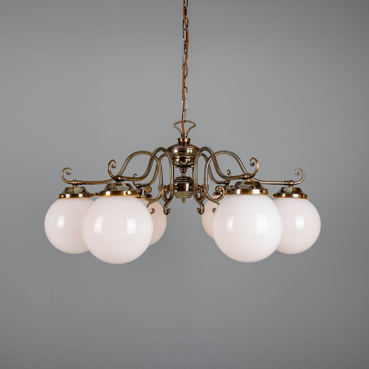 Mullan Eldron Traditional Chandelier with Opal Globes Three-Arm - Antique Brass Finish