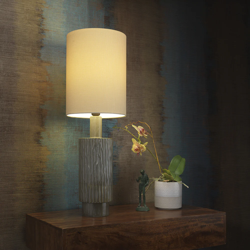 Northern Light - Halsa Table Lamp - Willow Reactive Glaze Old English Brass Light Finish - 10" Metro Drum Saxon Ivory Linen Shade