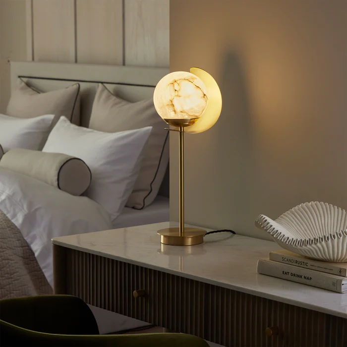 Northern Light - Callisto Alabaster Table Lamp - Brushed Brass Finish - White Alabaster Globe 150mm Shade