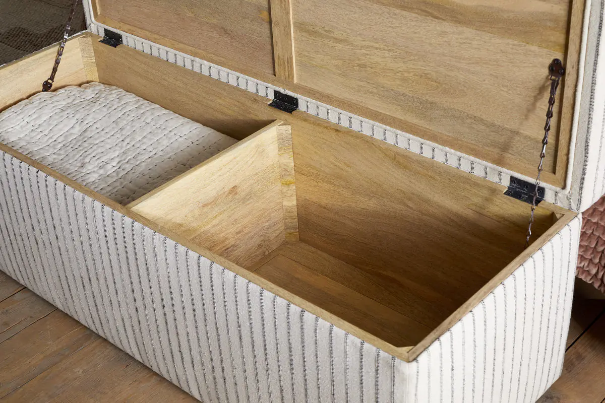 Nkuku - Sanja Stripe Cotton & Linen Upholstered Storage Bench - Grey