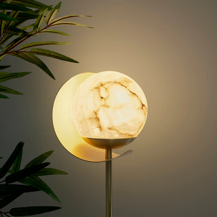 Northern Light - Callisto Alabaster Table Lamp - Brushed Brass Finish - White Alabaster Globe 150mm Shade