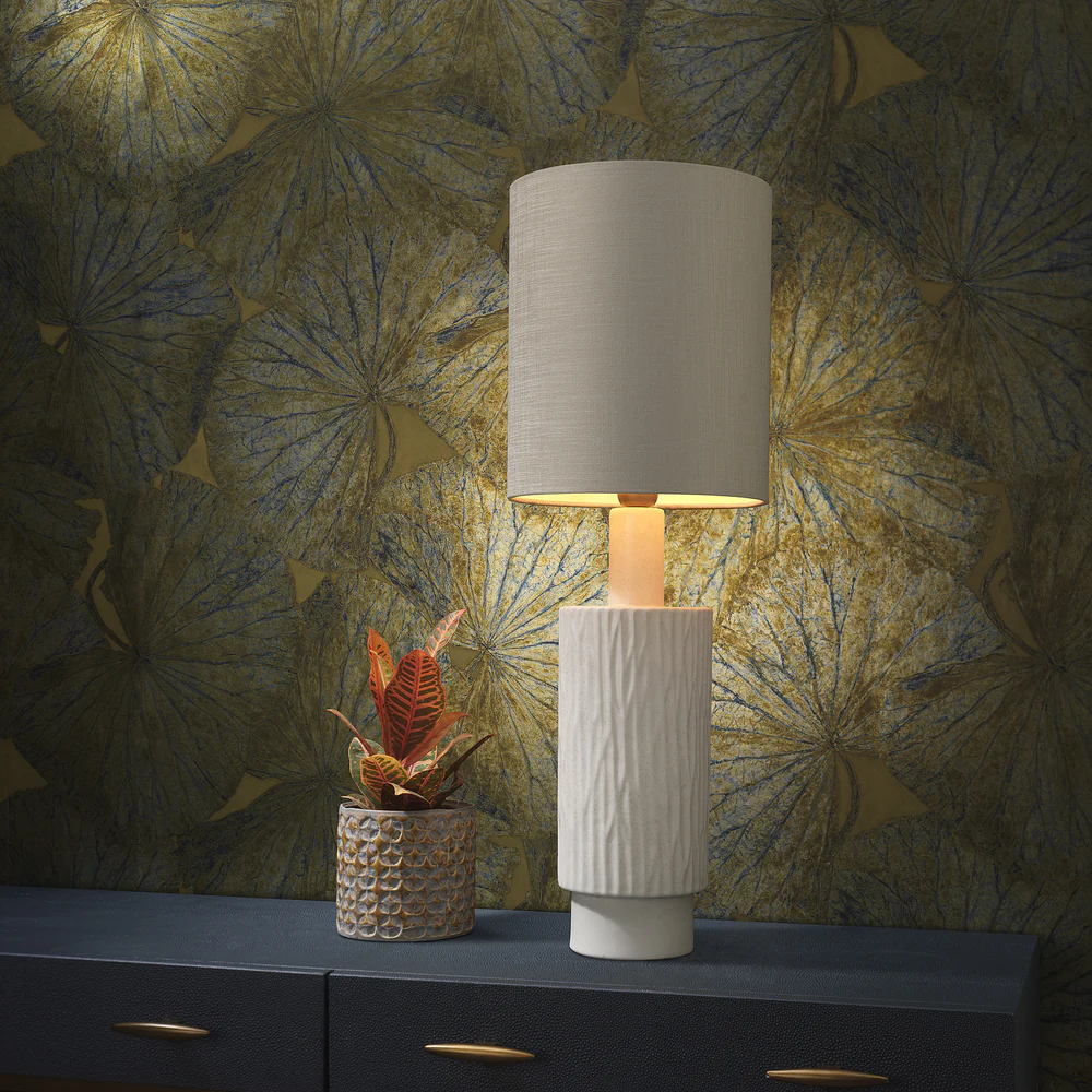 Northern Light - Halsa Table Lamp - Stipple Reactive Glaze Old English Brass Light Finish - 10" Metro Drum Oatmeal Linen Shade