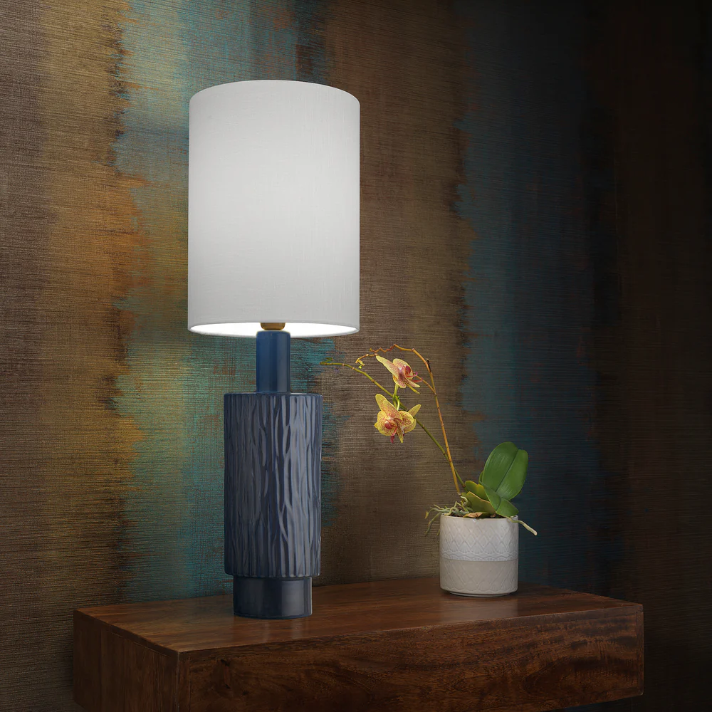 Northern Light - Halsa Table Lamp - Indigo Reactive Glaze Old English Brass Light Finish - 10" Metro Drum Pearl Grey Shade