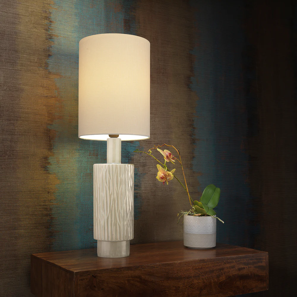 Northern Light - Halsa Table Lamp - Birch Reactive Glaze Old English Brass Light Finish - 10" Metro Drum Saxon Ivory Shade