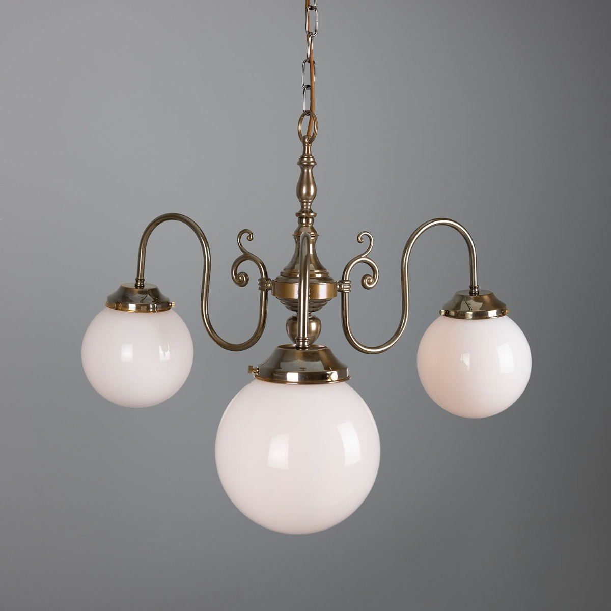 Mullan Eldron Traditional Chandelier with Opal Globes Three-Arm - Antique Brass Finish