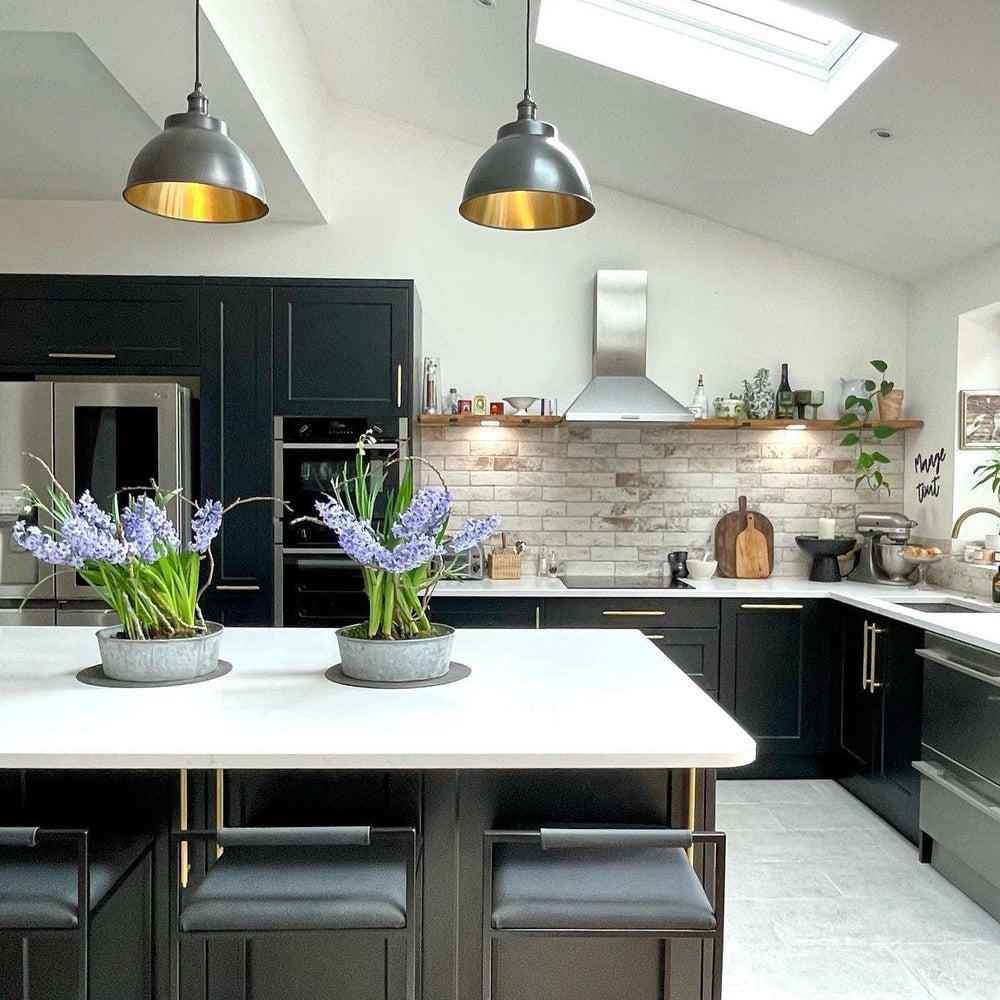 Industville - Brooklyn Dome Pendant Light - 13 Inch - Pewter & Brass Shade - Pewter Pendant Holder