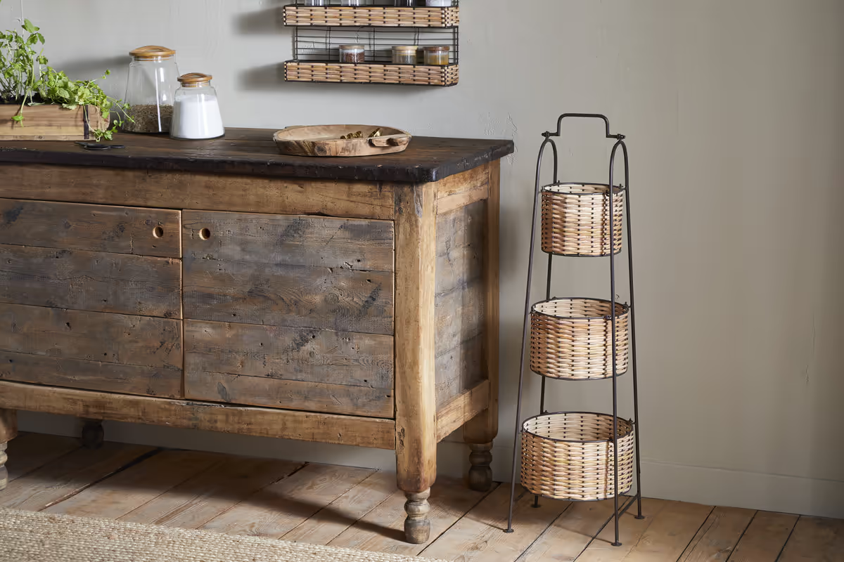 Nkuku - Montali Iron & Rattan Three-Tiered Storage Stand - Natural