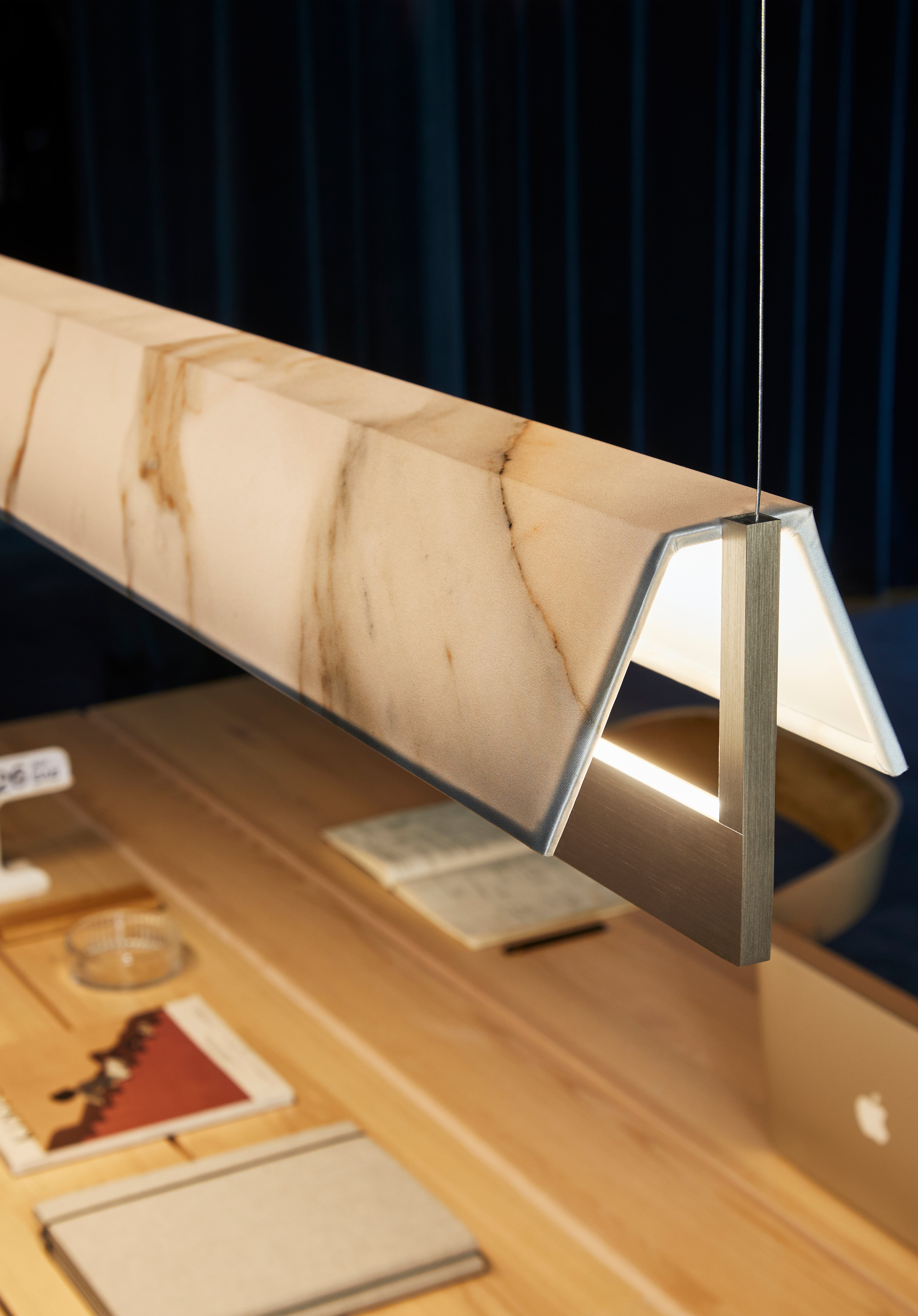 Contardi Lighting Fly Suspension Lamp - L.170 - Anthracite - White Calacatta Marble Printed Fabric