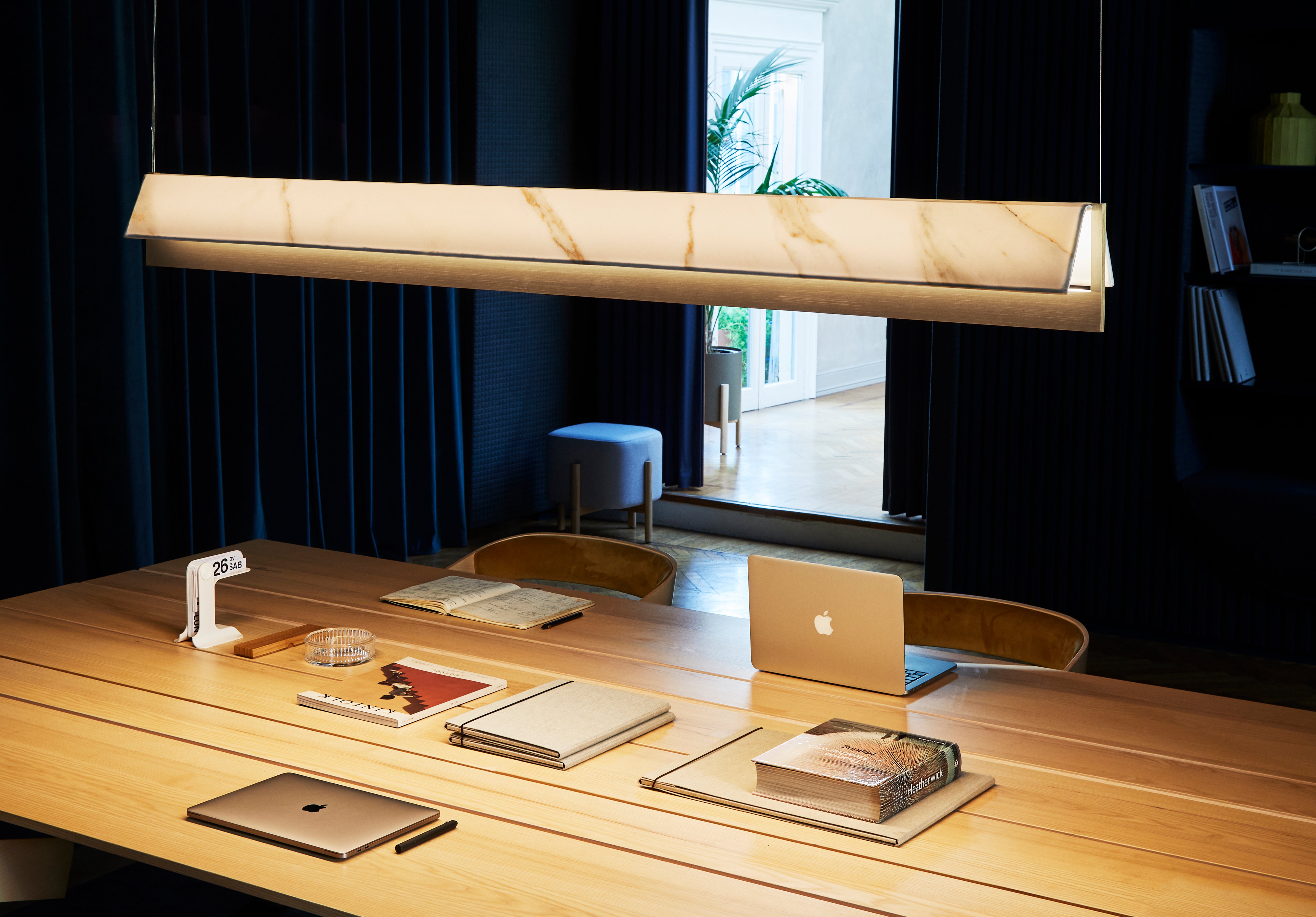 Contardi Lighting Fly suspension Lamp - L.120 - Satin Golden Nickel - White Calacatta Marble Printed Fabric