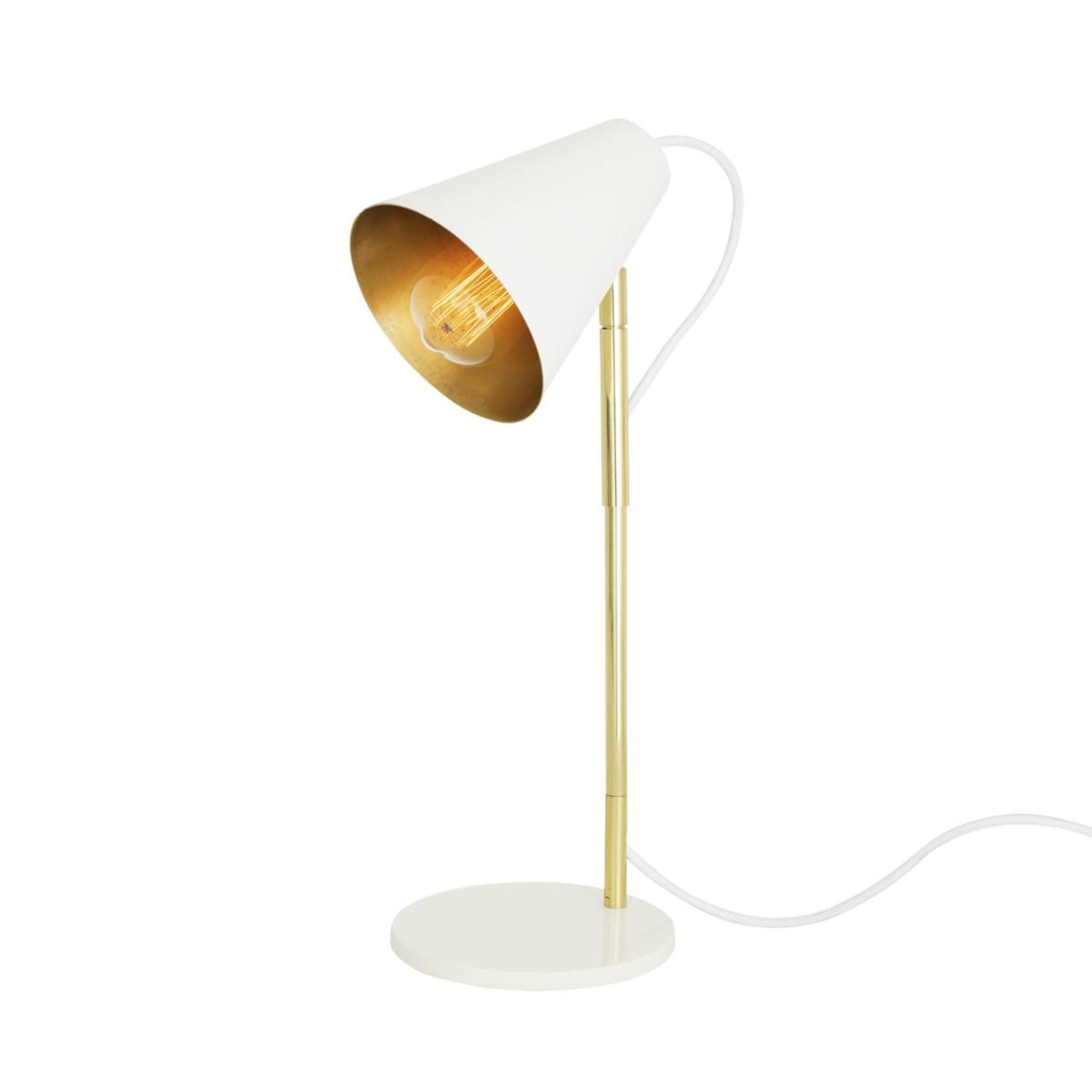 Mullan Lusaka Modern Adjustable Table Lamp with Cone Shade - Powder Coated White & Polished Brass Stem Finish