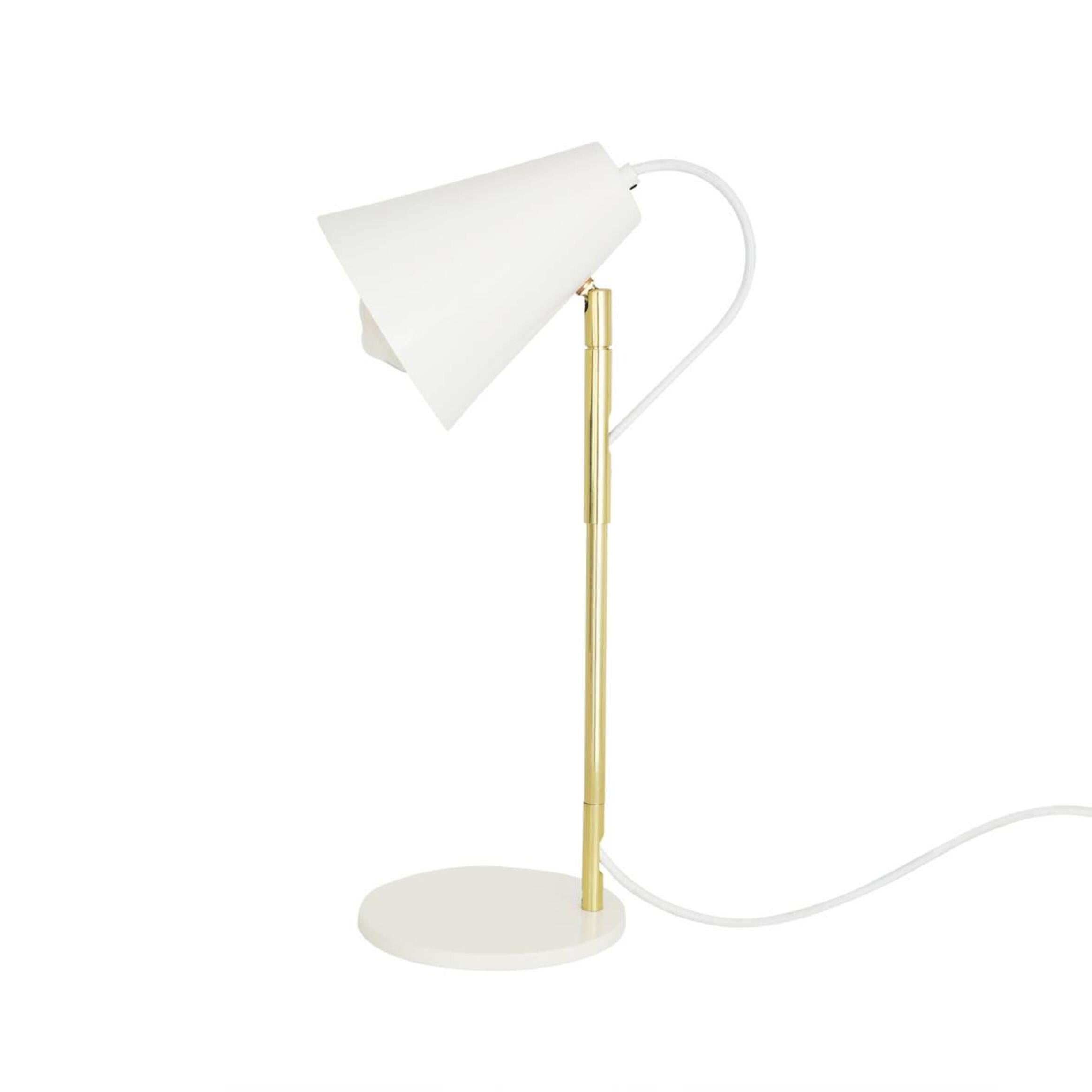 Mullan Lusaka Modern Adjustable Table Lamp with Cone Shade - Powder Coated White & Polished Brass Stem Finish