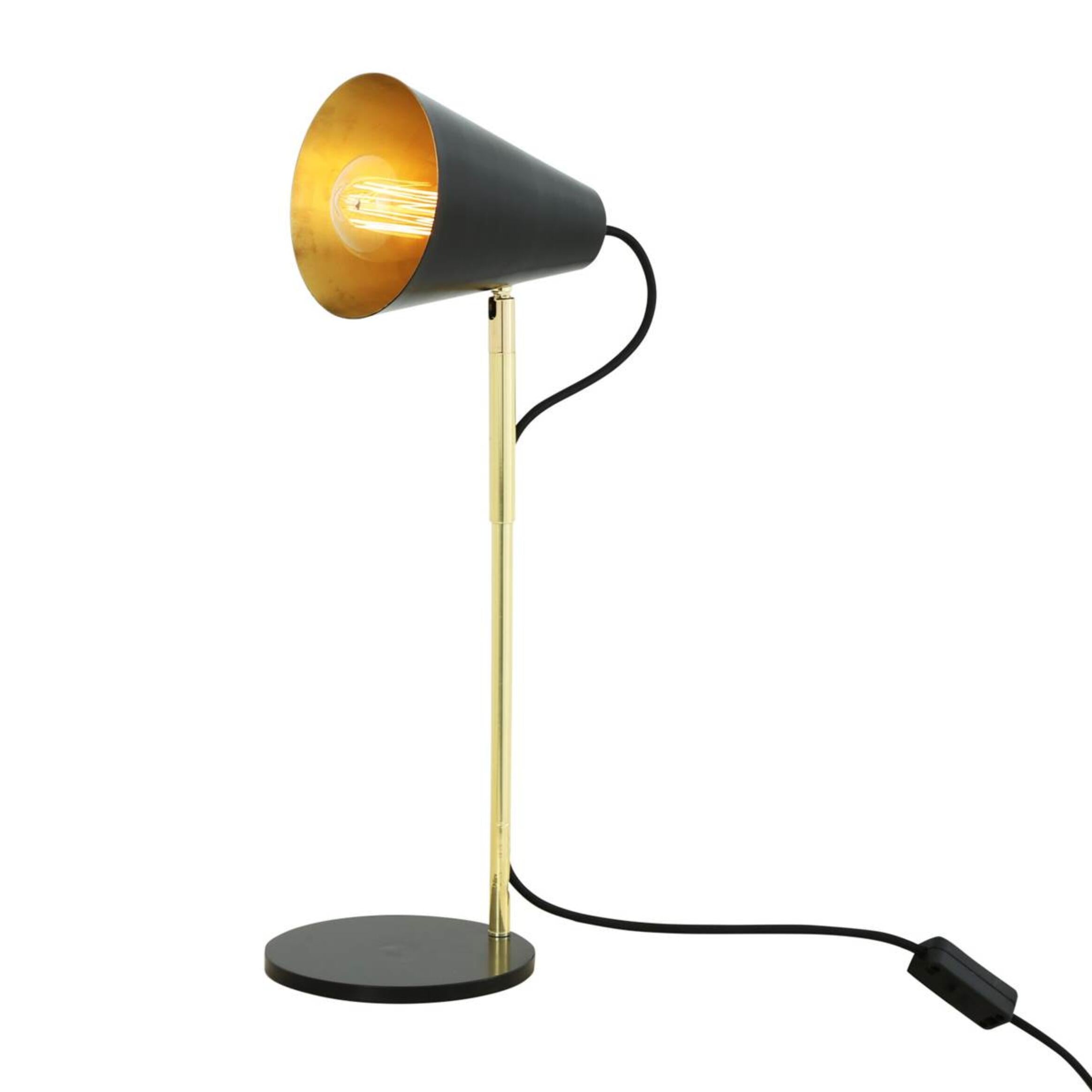 Mullan Lusaka Modern Adjustable Table Lamp with Cone Shade - Powder Coated Matte Black & Polished Brass Stem Finish