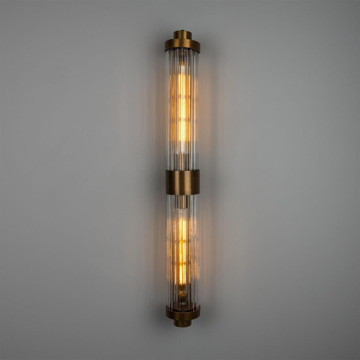Mullan - Double Louise Clear Glass Bathroom Wall Light 88cm IP44 - Antique Brass Finish