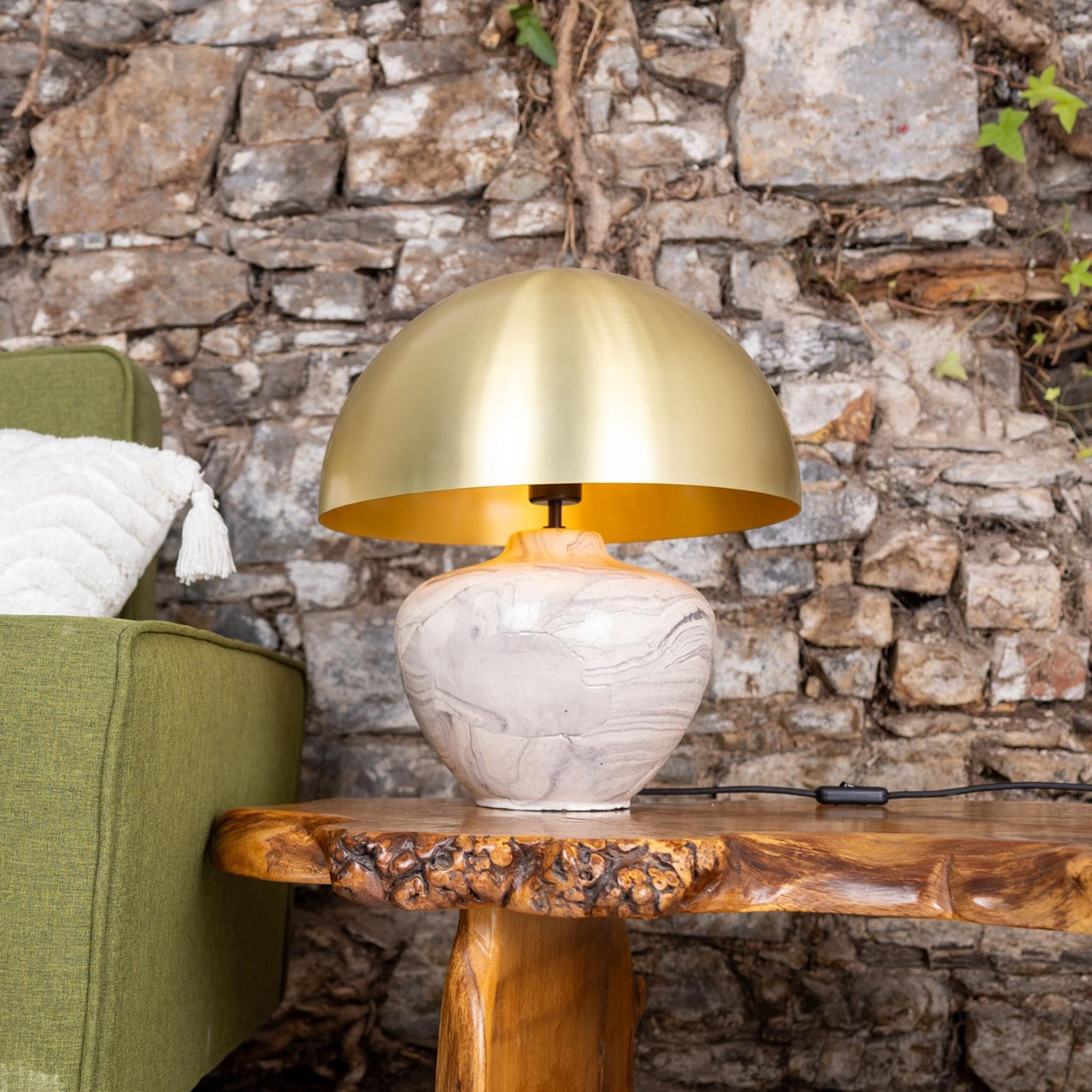 Mullan Lawson Ceramic Marbled Table Lamp with Brass Dome Shade - Satin Brass