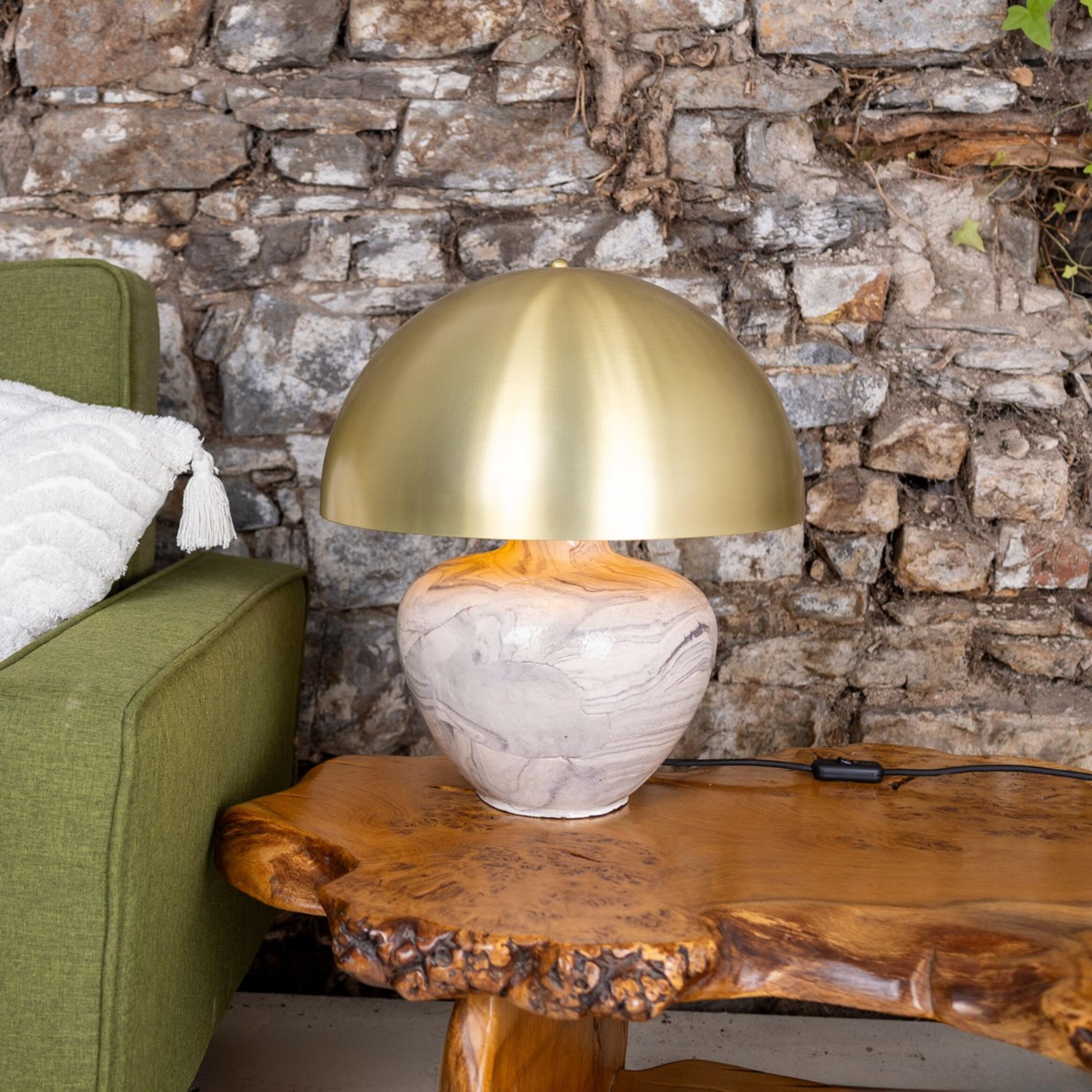 Mullan Lawson Ceramic Marbled Table Lamp with Brass Dome Shade - Satin Brass