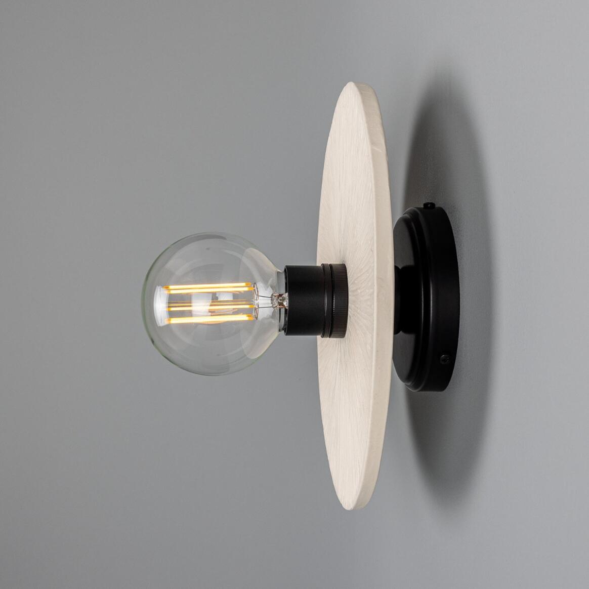 Mullan - Bog Oak Organic Ceramic Disc Wall Light Matte White Striped 28cm IP20 - Powder Coated Matte Black Finish
