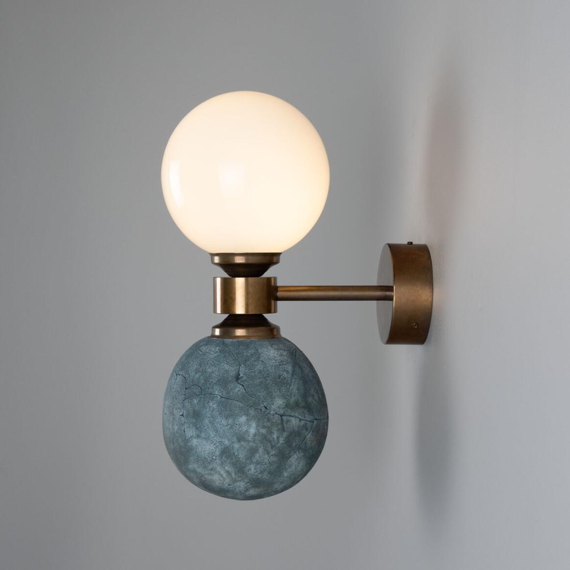 Mullan - Kobe Ceramic and Glass Globe Wall Light Blue Earth 34cm IP20 - Antique Brass Finish