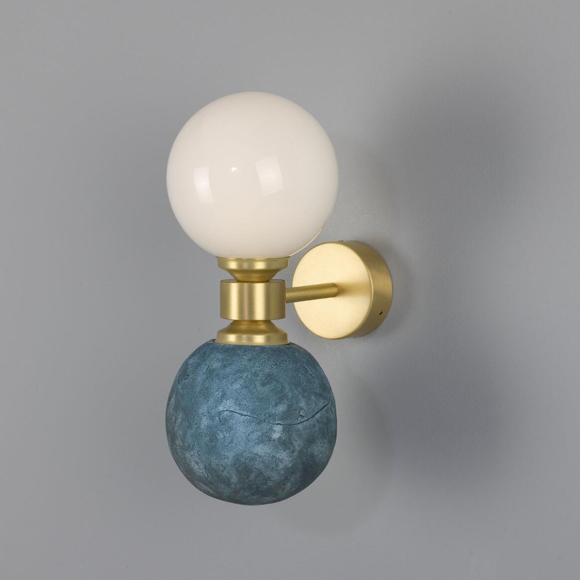 Mullan - Kobe Ceramic and Glass Globe Wall Light Blue Earth 34cm IP20 - Satin Brass Finish