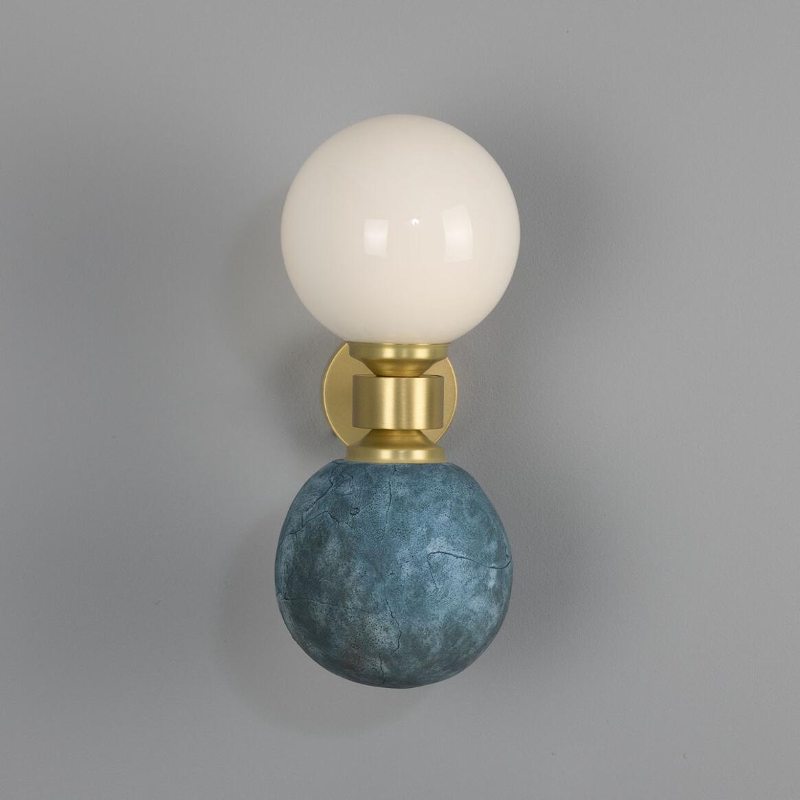 Mullan - Kobe Ceramic and Glass Globe Wall Light Blue Earth 34cm IP20 - Satin Brass Finish