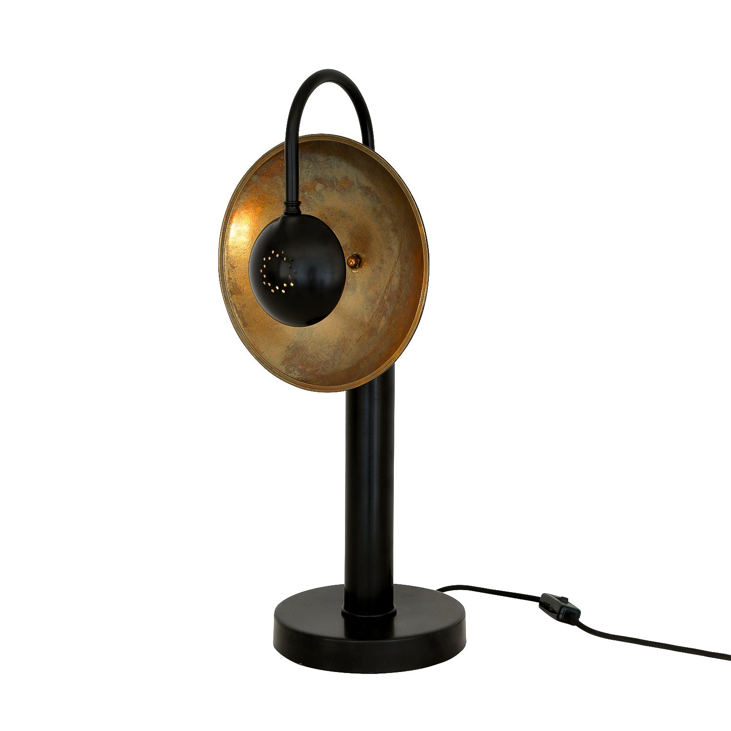 Mullan Orebro Brass Dish Pillar Table Lamp - Powder Coated Matte Black & Antique Brass Inner Finish
