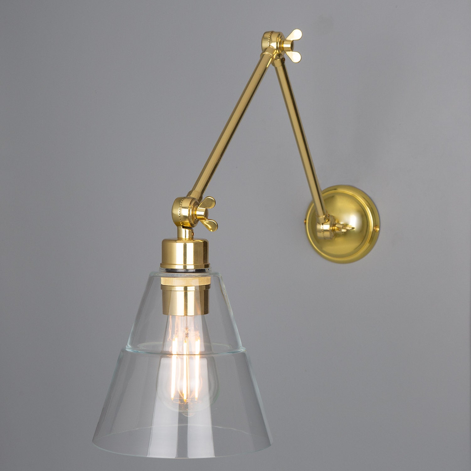 Mullan - Lyx Clear Glass Cone Adjustable Arm Wall Light - Polished Brass Finish