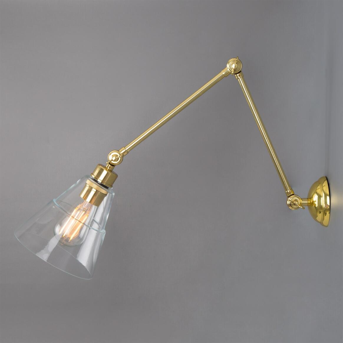 Mullan - Lyx Clear Glass Cone Adjustable Arm Wall Light - Polished Brass Finish