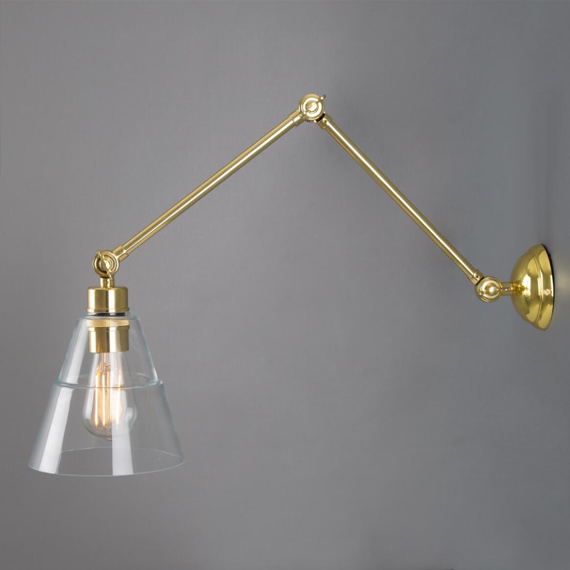 Mullan - Lyx Clear Glass Cone Adjustable Arm Wall Light - Polished Brass Finish