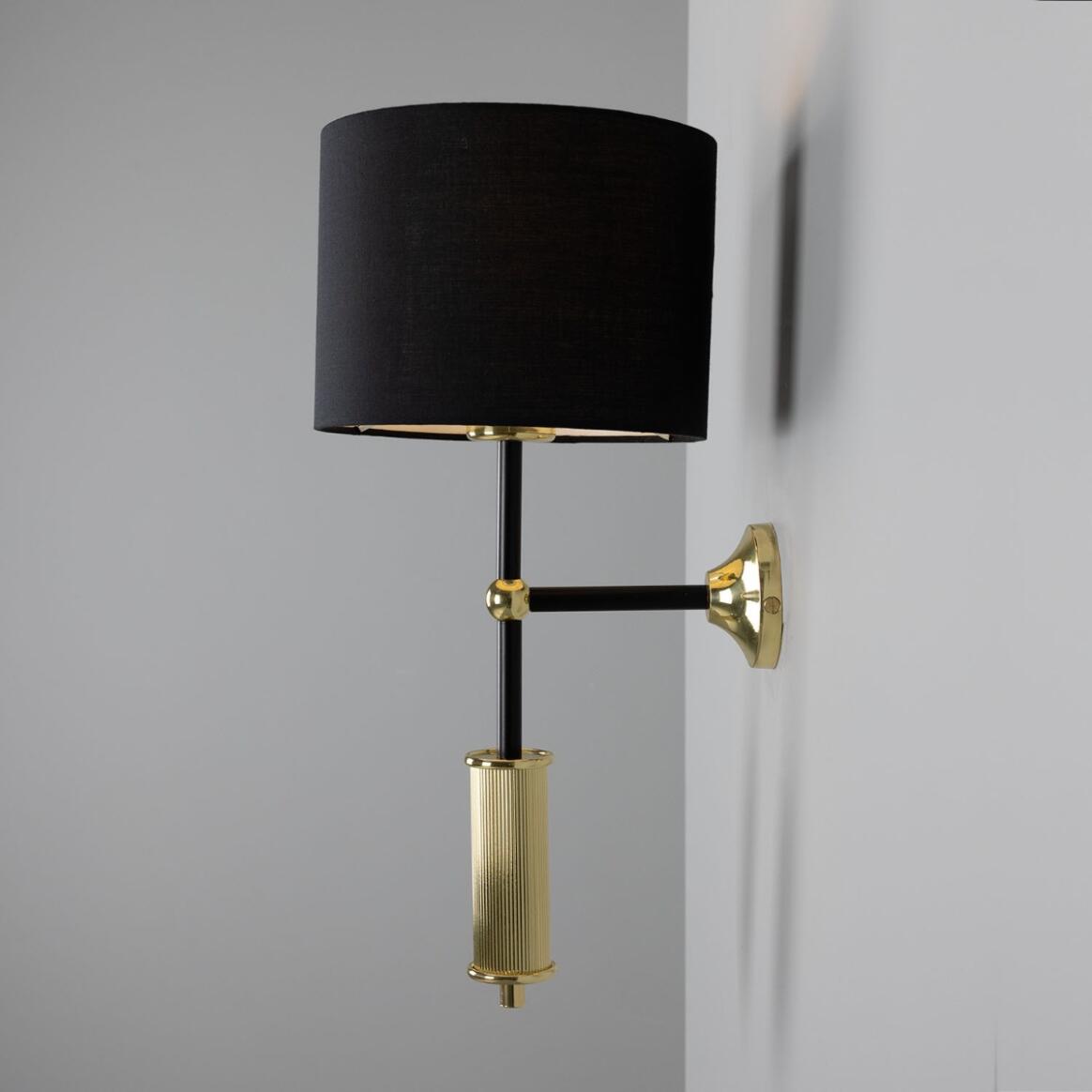 Mullan - Gorey Modern Wall Light with Fabric Shade 47cm IP20 - Powder Coated Matte Black - Polished Brass Finish