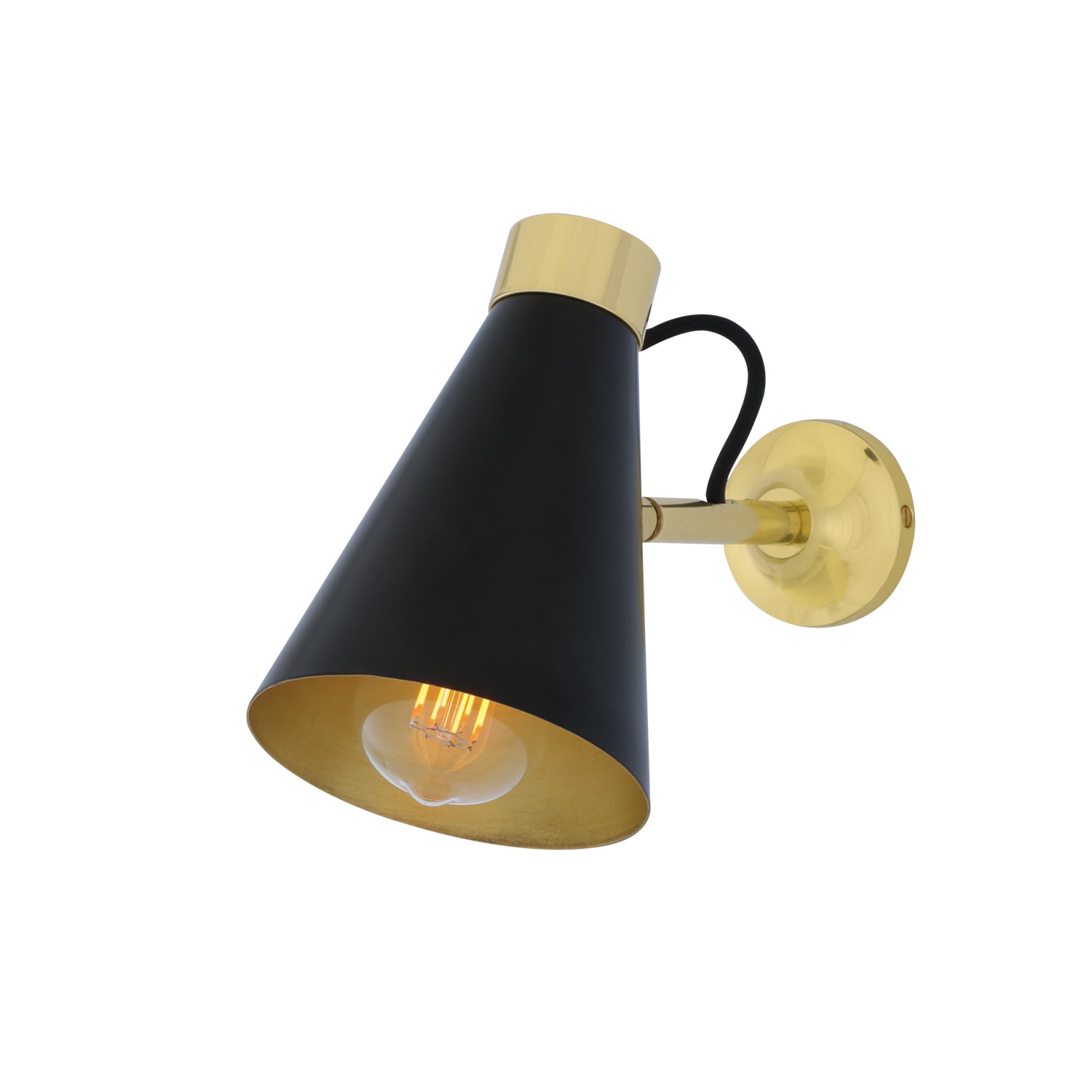 Mullan - Preston Brass Wall Light With Adjustable Cone Shade 19cm IP20 - Powder Coated Matte Black Polished Brass Finish