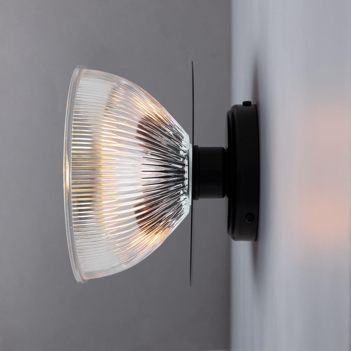 Mullan - Eclipse Prismatic Brass Glass Dish Wall Light 20cm IP20 - Powder Coated Matte Black Finish