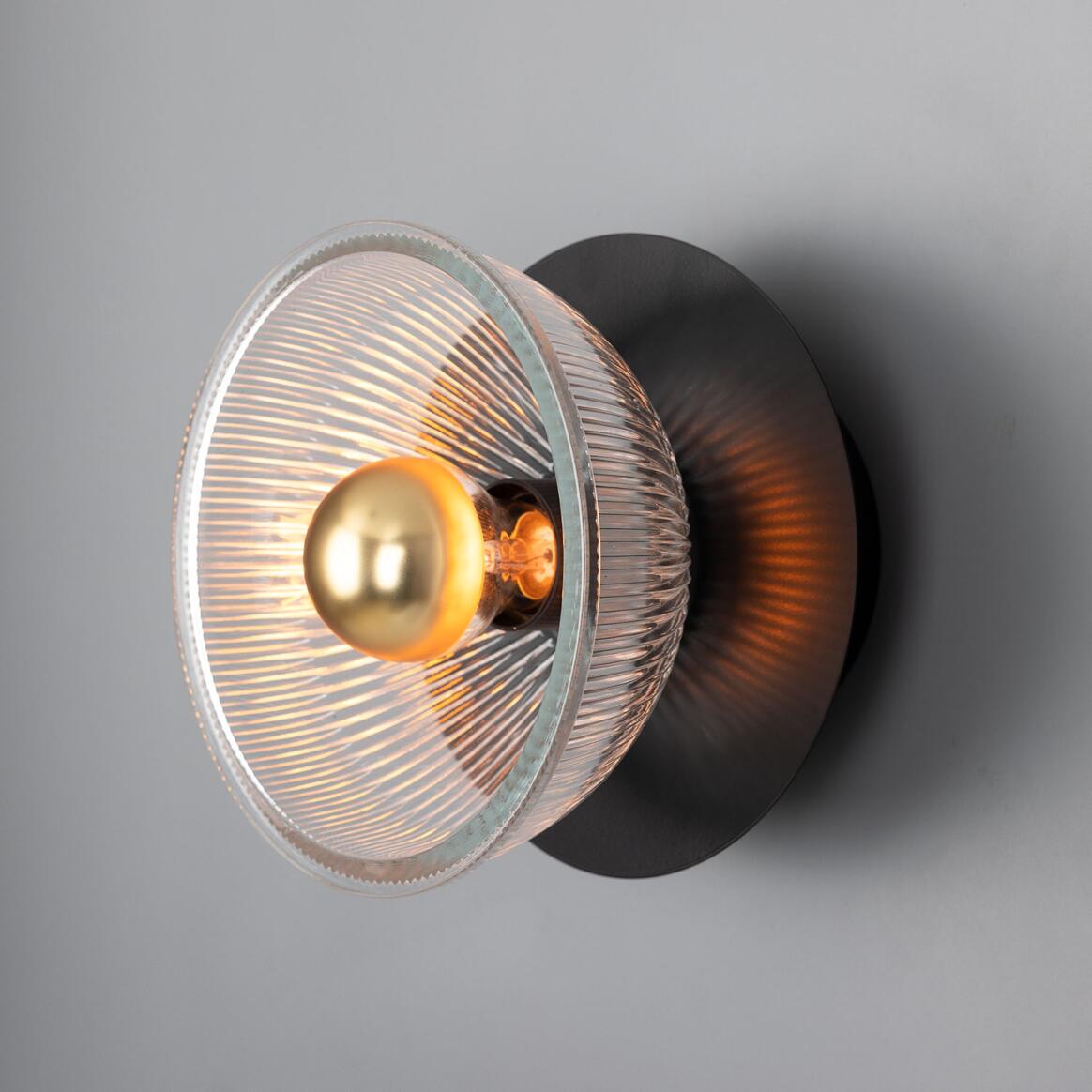 Mullan - Eclipse Prismatic Brass Glass Dish Wall Light 20cm IP20 - Powder Coated Matte Black Finish