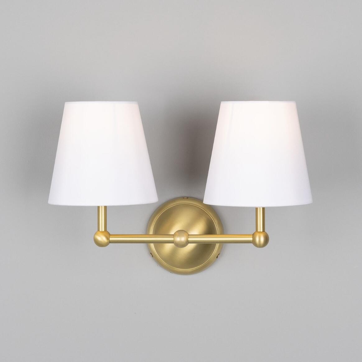 Mullan - Busan Modern Brass Double Wall Light with Fabric Shades 37cm IP20 - Satin Brass Finish
