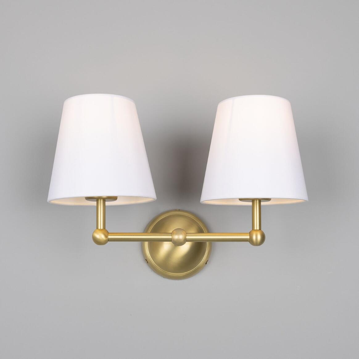 Mullan - Busan Modern Brass Double Wall Light with Fabric Shades 37cm IP20 - Satin Brass Finish