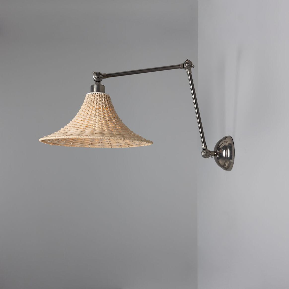 Mullan - Savannah Adjustable Arm Wall Light with Large Bell Shaped Rattan Shade 34.5cm IP20 - Antique Silver Finish