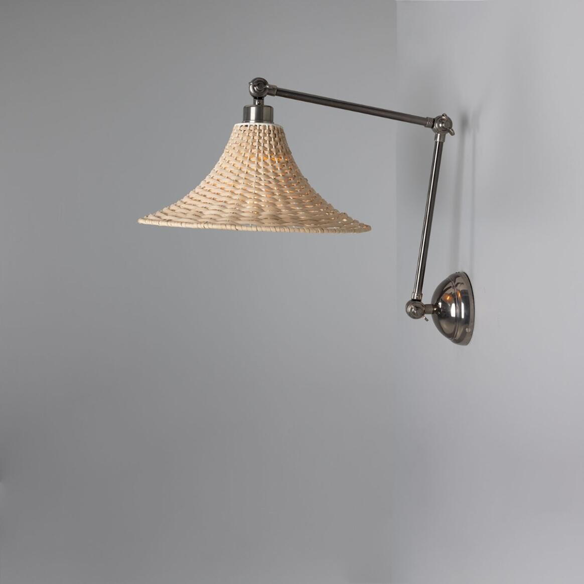 Mullan - Savannah Adjustable Arm Wall Light with Large Bell Shaped Rattan Shade 34.5cm IP20 - Antique Silver Finish