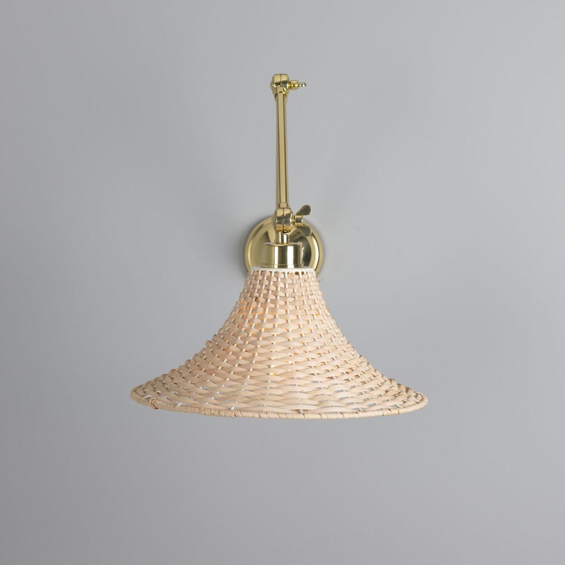 Mullan - Savannah Adjustable Arm Wall Light with Large Bell Shaped Rattan Shade 34.5cm IP20 - Polished Brass Finish