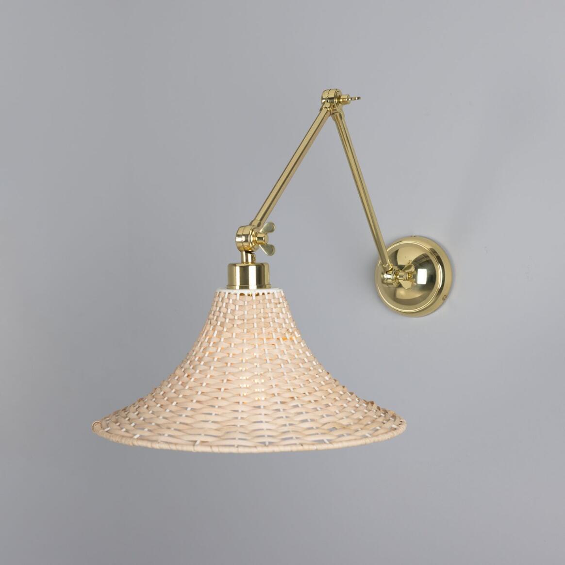 Mullan - Savannah Adjustable Arm Wall Light with Large Bell Shaped Rattan Shade 34.5cm IP20 - Polished Brass Finish