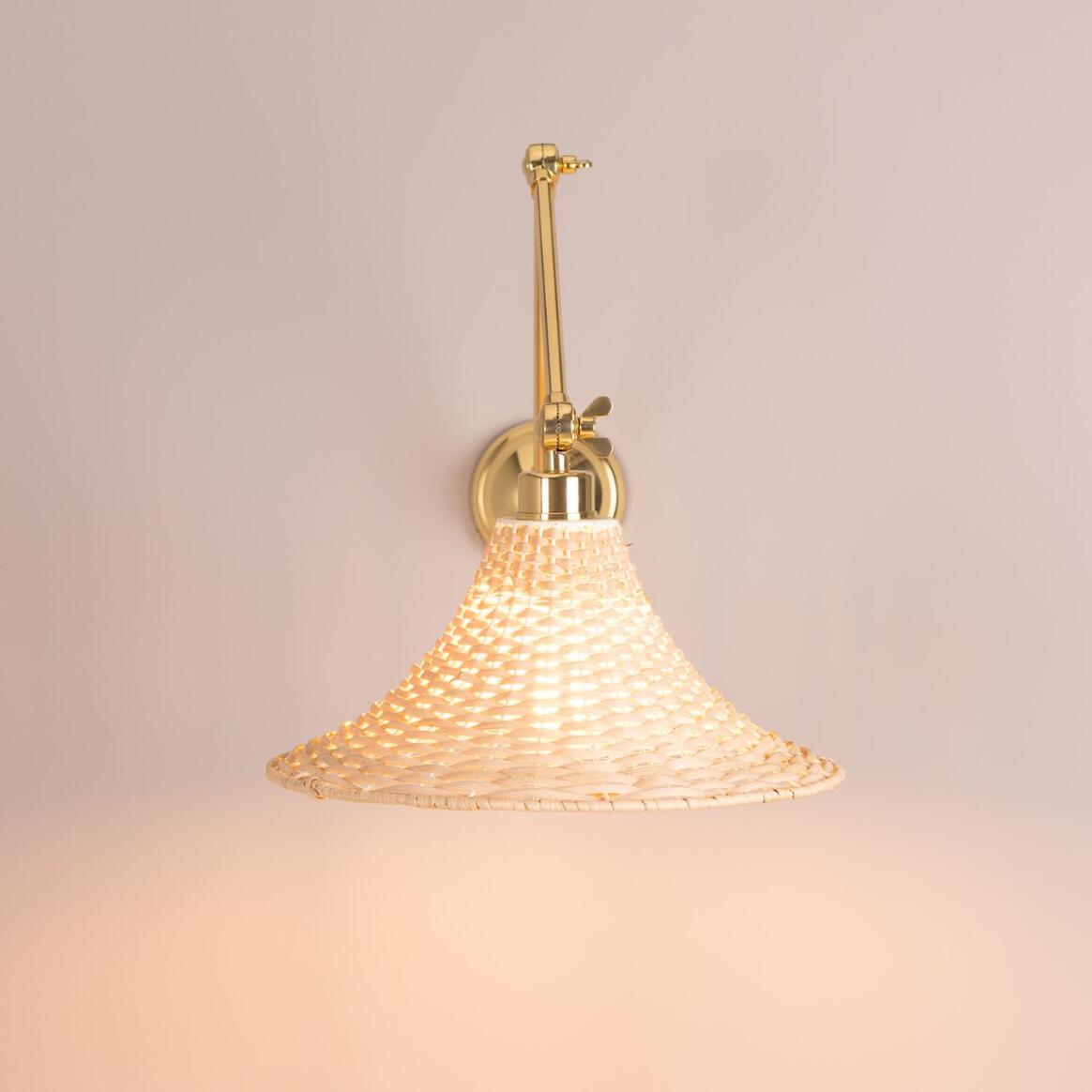 Mullan - Savannah Adjustable Arm Wall Light with Large Bell Shaped Rattan Shade 34.5cm IP20 - Polished Brass Finish