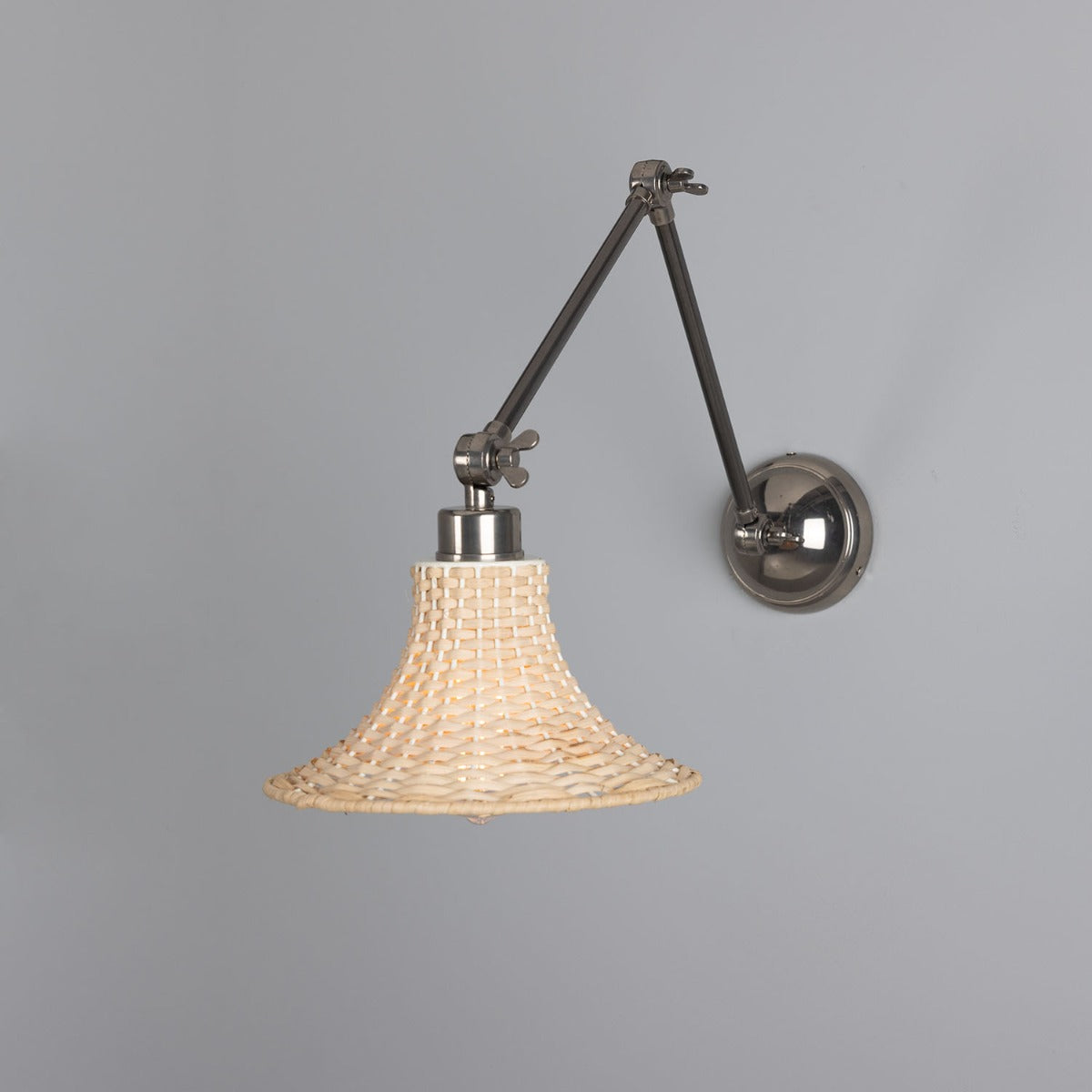 Mullan - Savannah Adjustable Arm Wall Light with Small Bell Shaped Rattan Shade 24cm IP20 - Antique Silver Finish