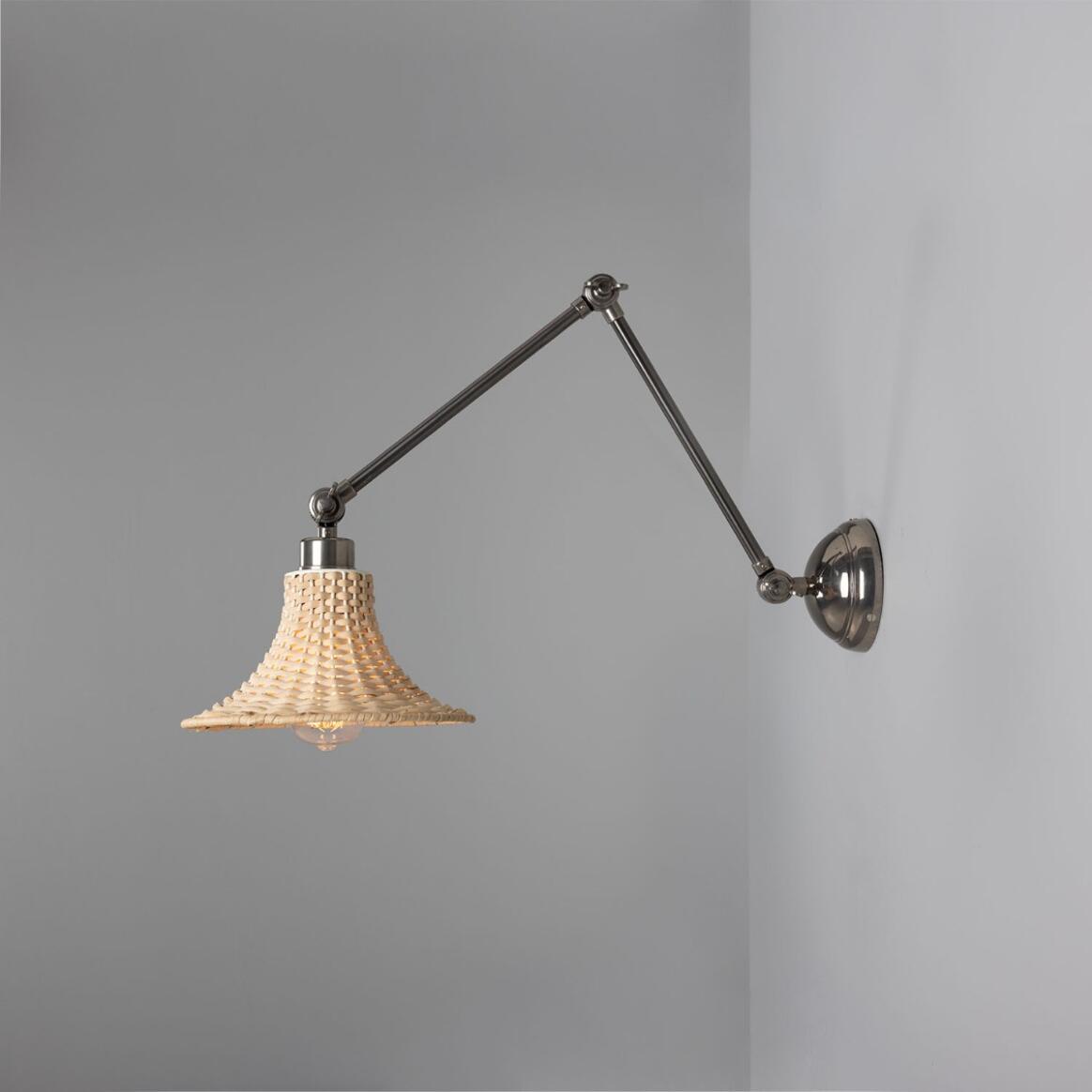 Mullan - Savannah Adjustable Arm Wall Light with Small Bell Shaped Rattan Shade 24cm IP20 - Antique Silver Finish