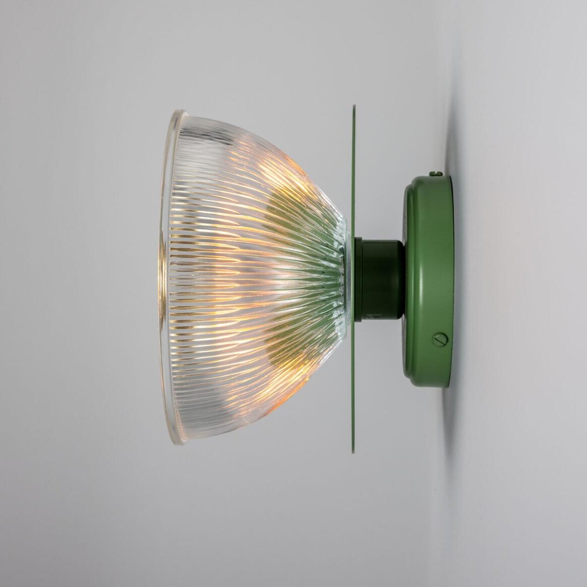 Mullan - Eclipse Coloured Brass and Prismatic Glass Dish Wall Light 20cm IP20 - Powder Coated Sage Green Finish