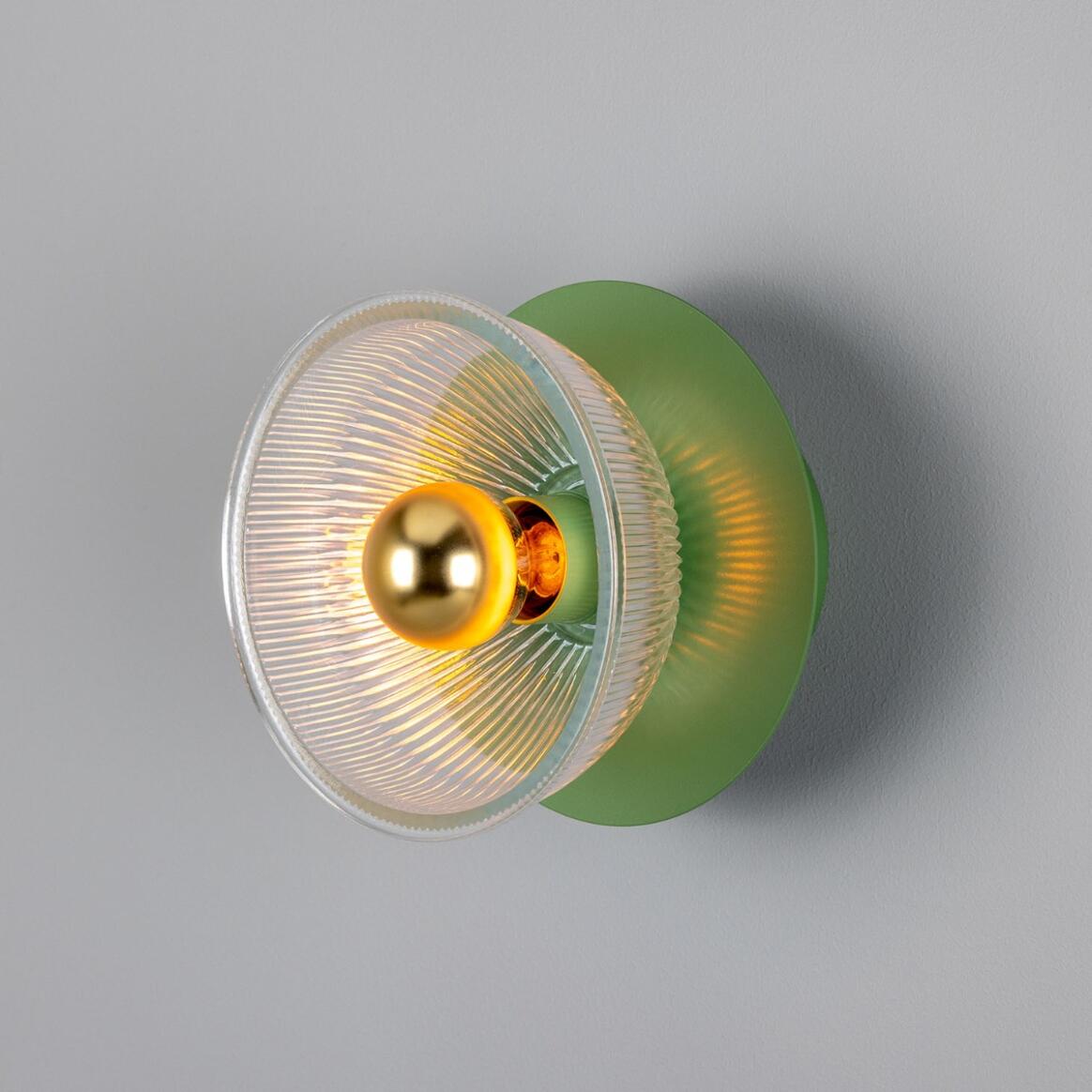 Mullan - Eclipse Coloured Brass and Prismatic Glass Dish Wall Light 20cm IP20 - Powder Coated Sage Green Finish