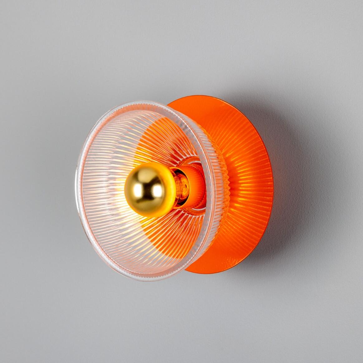 Mullan - Eclipse Coloured Brass and Prismatic Glass Dish Wall Light 20cm IP20 - Powder Coated Orange Finish