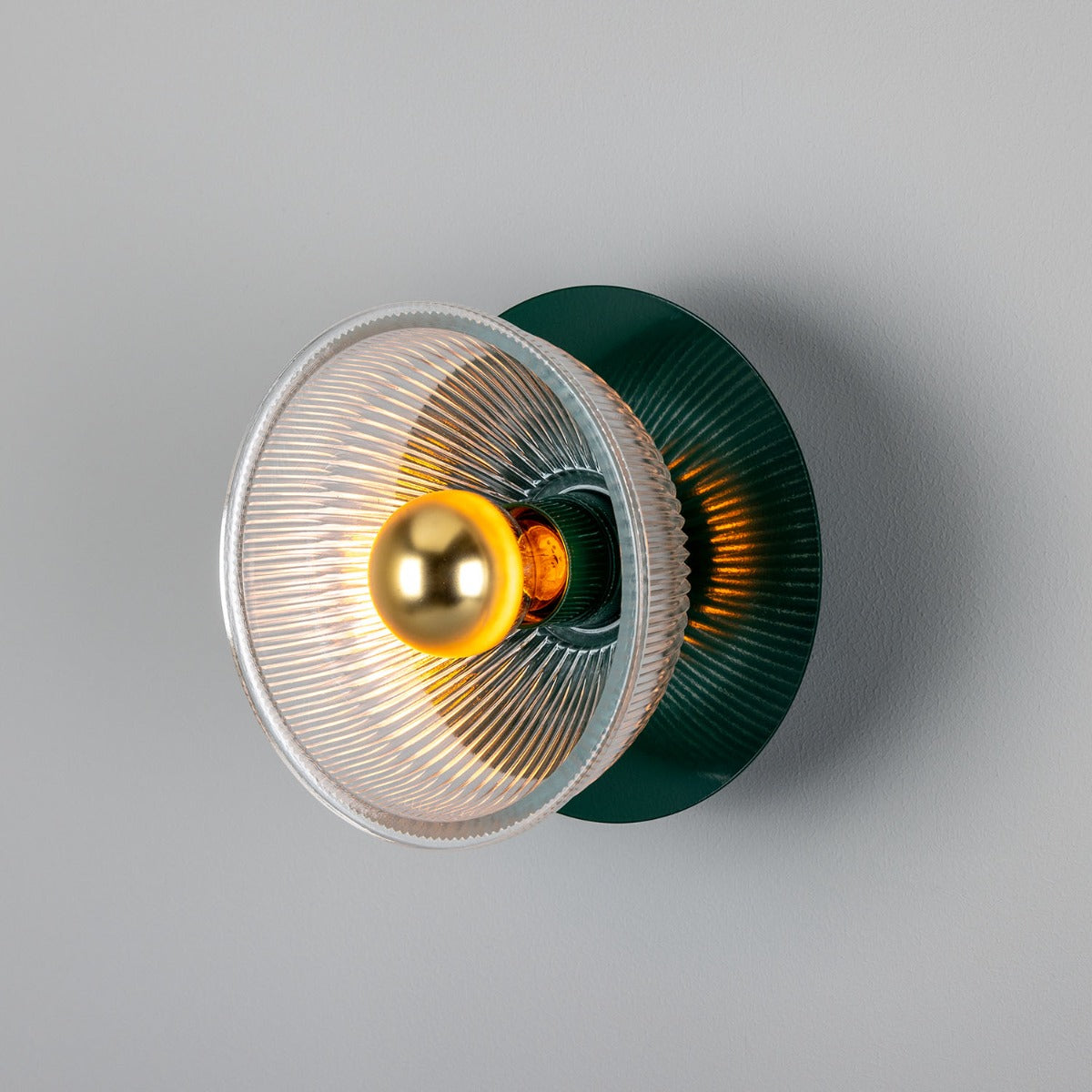 Mullan - Eclipse Coloured Brass and Prismatic Glass Dish Wall Light 20cm IP20 - Powder Coated Racing Green Finish